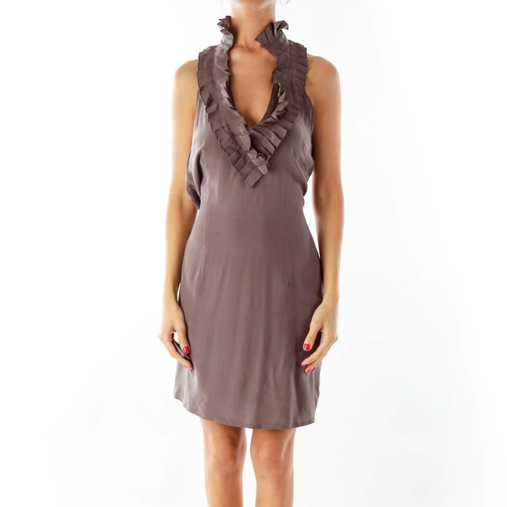 Jenny Han Brown Ruffled Silk Halter Dress